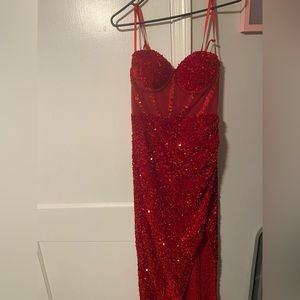 Red long prom dress with spilt up the leg